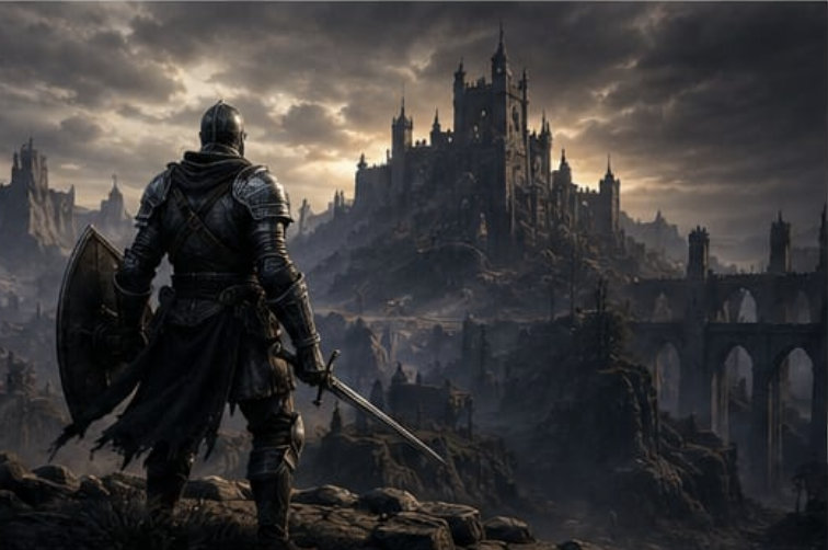 An armoured knight looking out over a dark fantasy castle skyline